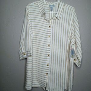 Catherines Linen Cotton Blend Tan & Cream Stripe Button Up Shirt